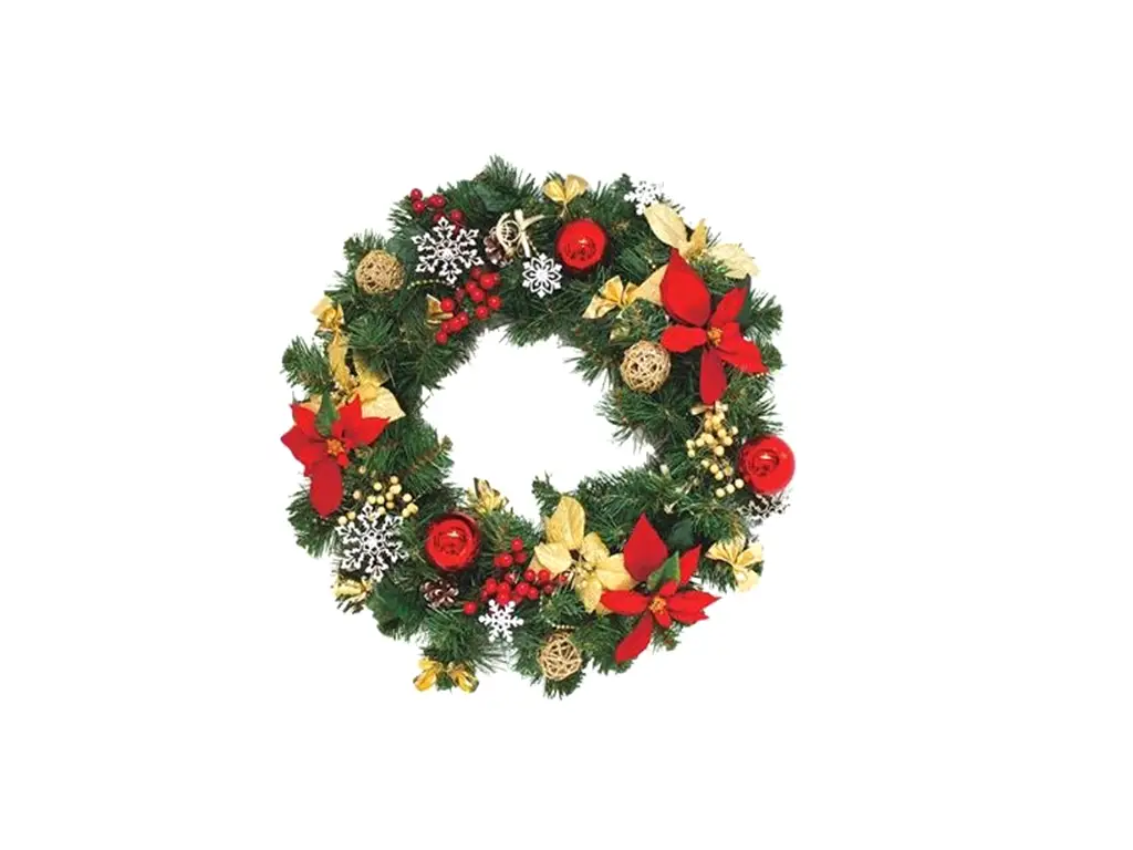 Sticker Crăciun, coroniţă cu ornamente roşii şi aurii, 39 cm diametru - se lipeste pe usa, geam, perete