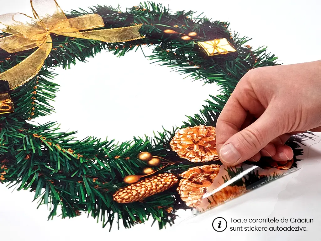 Sticker Crăciun, coroniţă din nuiele cu mesaj Merry Christmas, 38 cm diametru, se lipeste pe usa, geam, perete