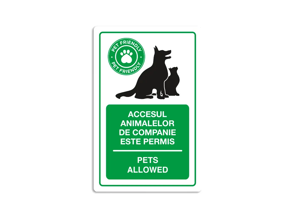 Sticker cu 'Accesul animalelor de companie este permis', autocolant, 15x23 cm