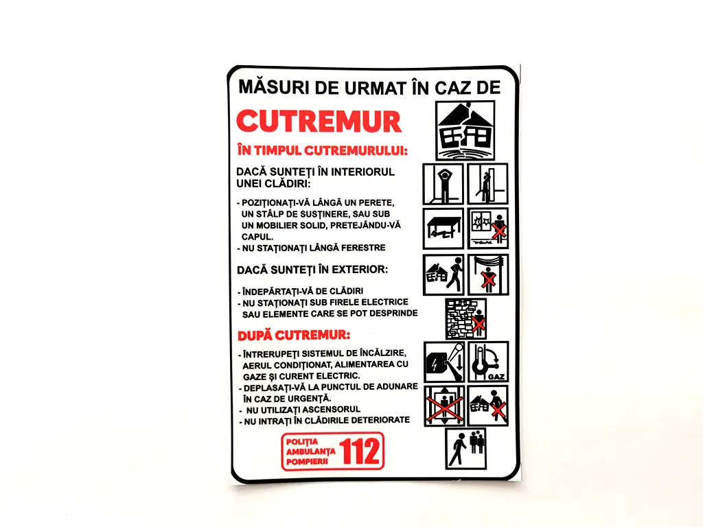 Sticker cu 'Măsuri de urmat în caz de cutremur', autocolant, format A5 - 210 x 148 mm