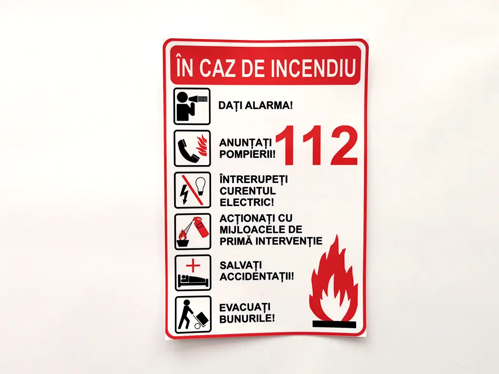 Sticker cu 'Măsuri de urmat în caz de incendiu', autocolant, 216 x 148 mm