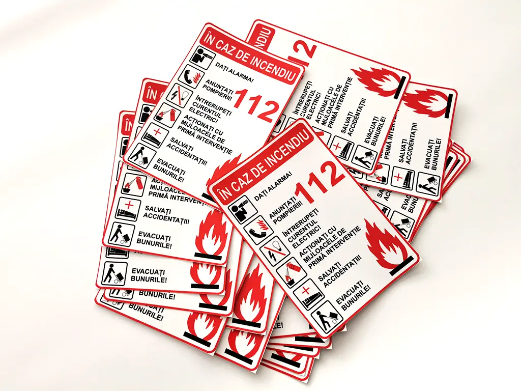 Sticker cu 'Măsuri de urmat în caz de incendiu', autocolant, 216 x 148 mm