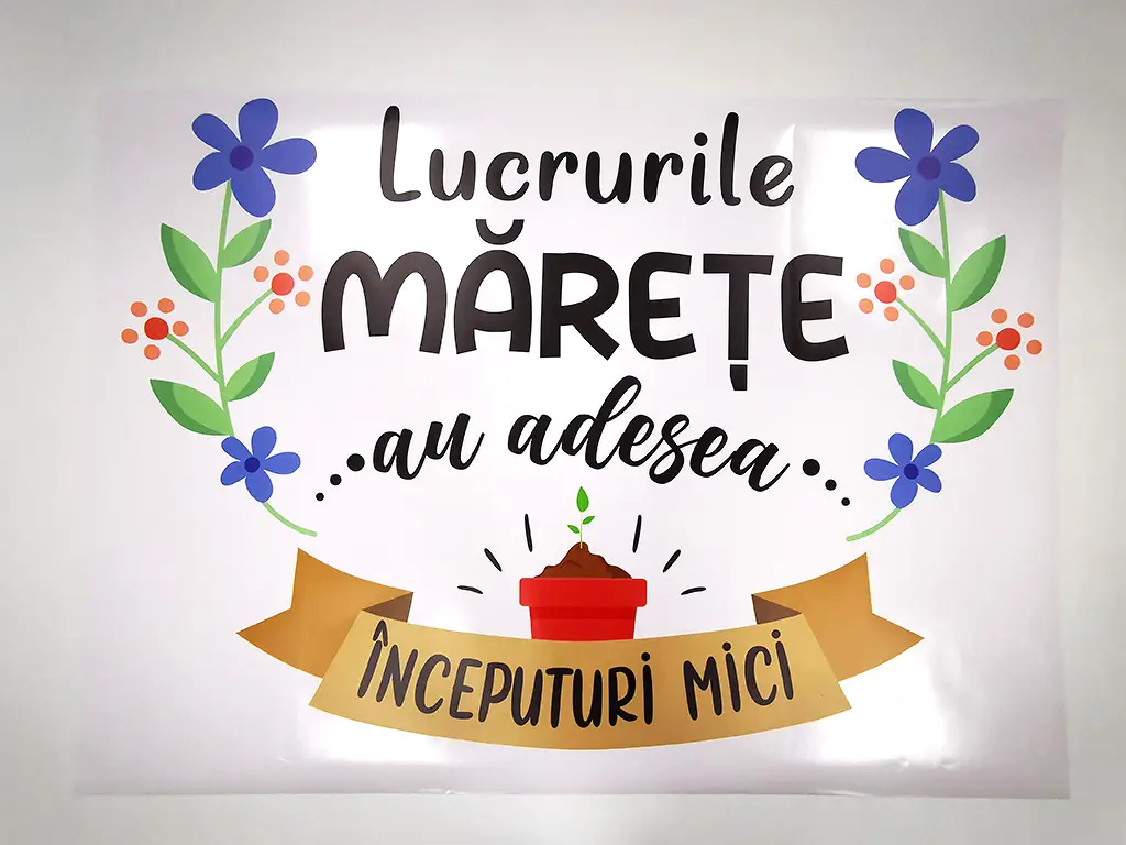 Sticker cu mesaj 'Lucrurile mărețe au adesea începuturi mici', decorațiune pentru școli și gradinițe sau camera copiilor, 80x120 cm, racletă de aplicare inclusă