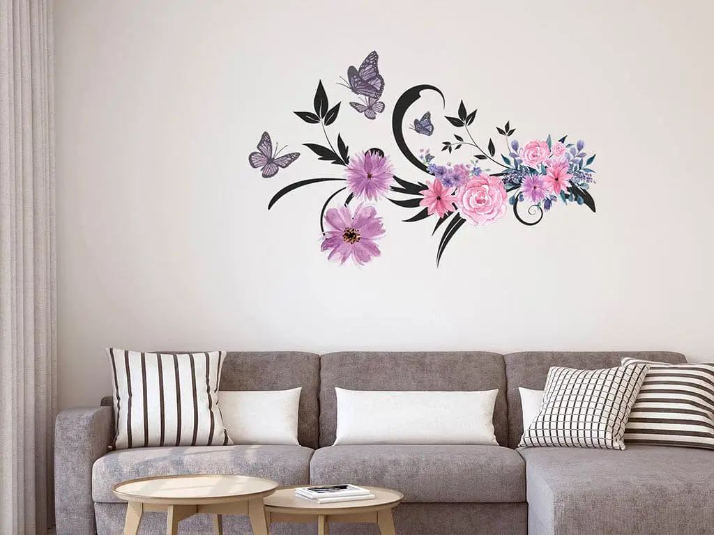 Sticker perete, Folina, Decor flori mov, 90x60 cm