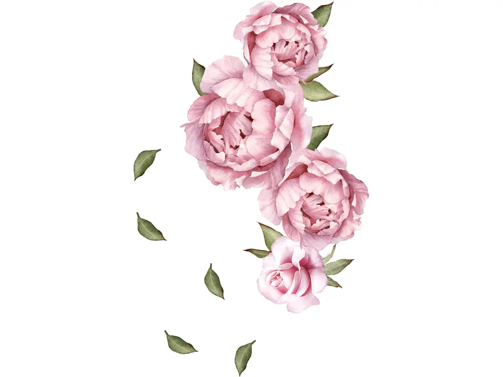 Sticker Decor flori roz, bujori şi frunze, 80x50 cm