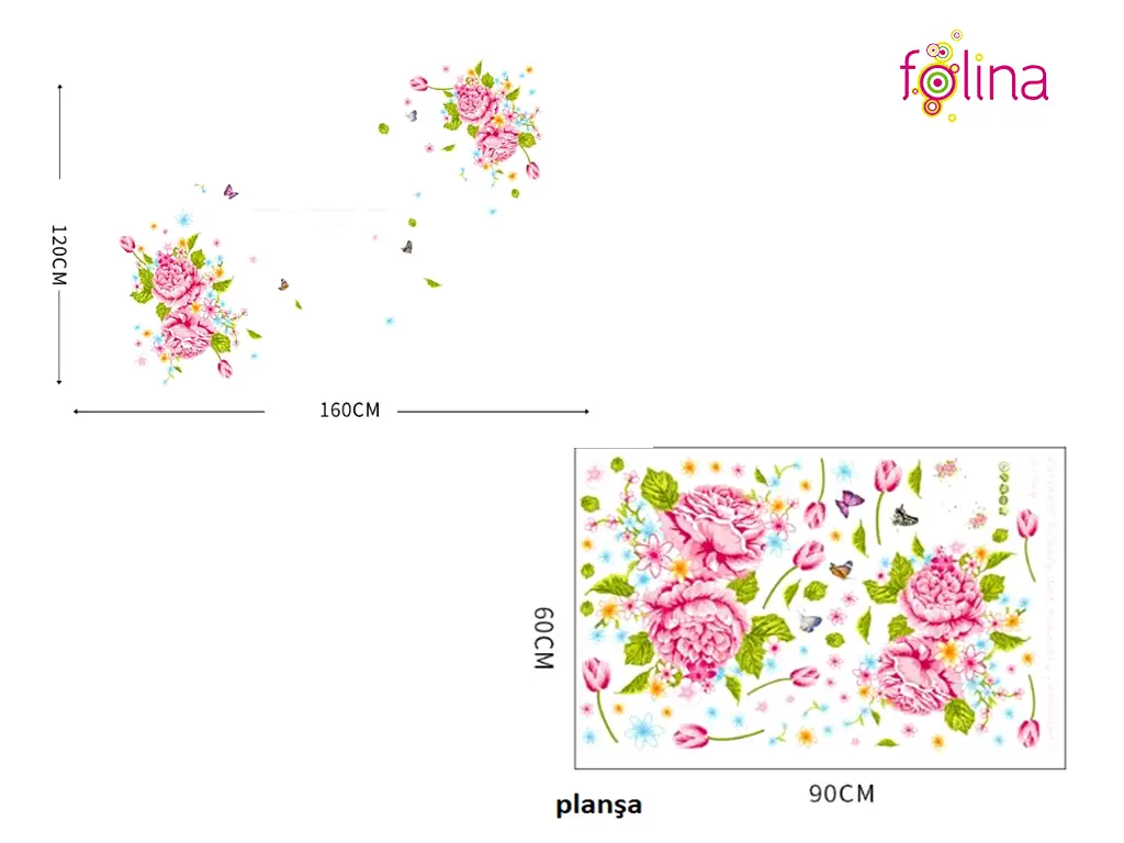 Stickere perete, Folina, decor floral cu bujori roz