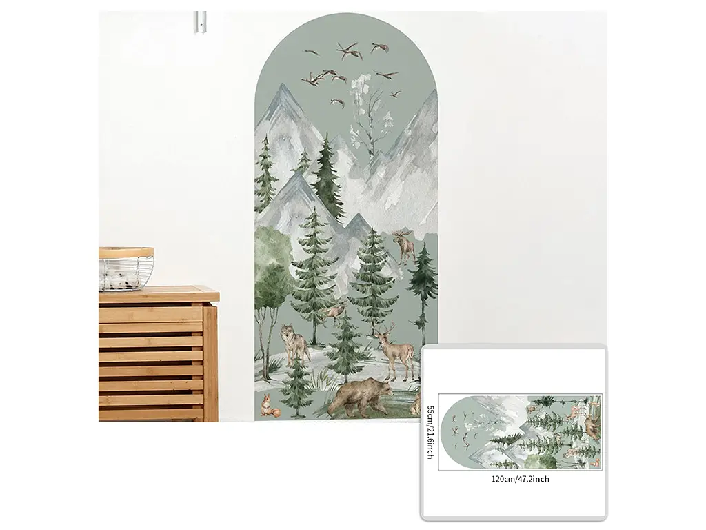 Sticker decorativ peisaj cu animalele pădurii, pentru perete sau uşă, 55x120 cm