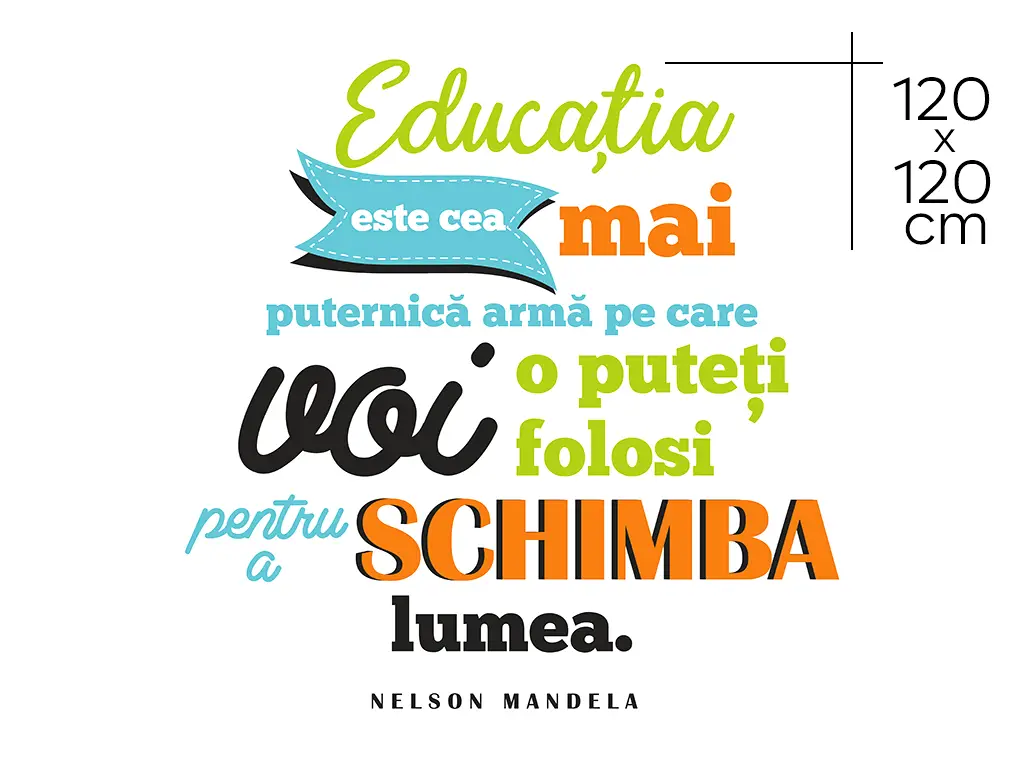 Sticker educațional citat Nelson Mandela despre educație, decorațiune pentru școli și grădinițe, multicolor, 120x120 cm, racletă de aplicare inclusă
