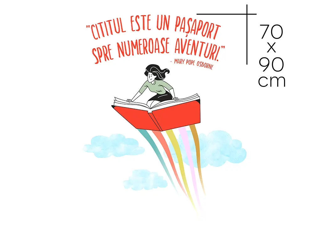 Sticker cu mesaj 'Cititul este un pașaport spre numeroase aventuri', decorațiune pentru școli și grădinițe, 90x70 cm, racletă de aplicare inclusă