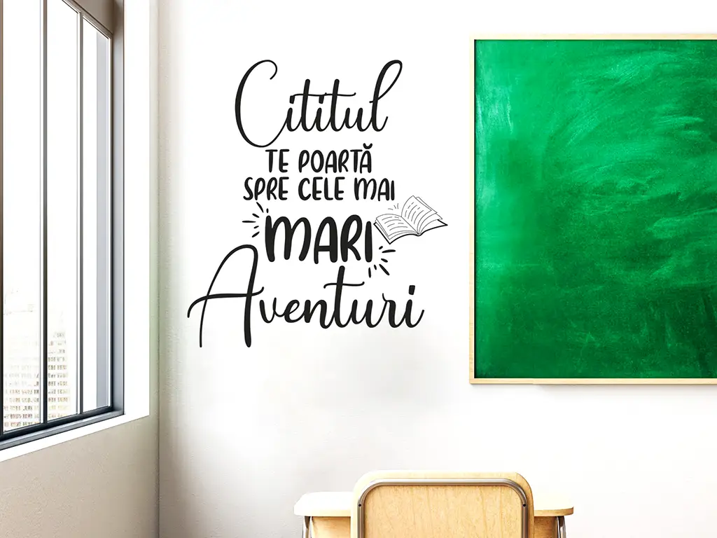 Sticker cu mesaj 'Cititul te poartă spre cele mai mari aventuri', decorațiune pentru școli și grădinițe, 99x110 cm, racletă de aplicare inclusă