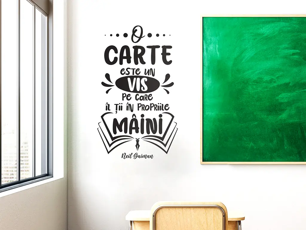 Sticker educativ citat Neil Gaiman despre carte, decorațiune pentru școli și grădinițe, 90x150 cm, racletă de aplicare inclusă