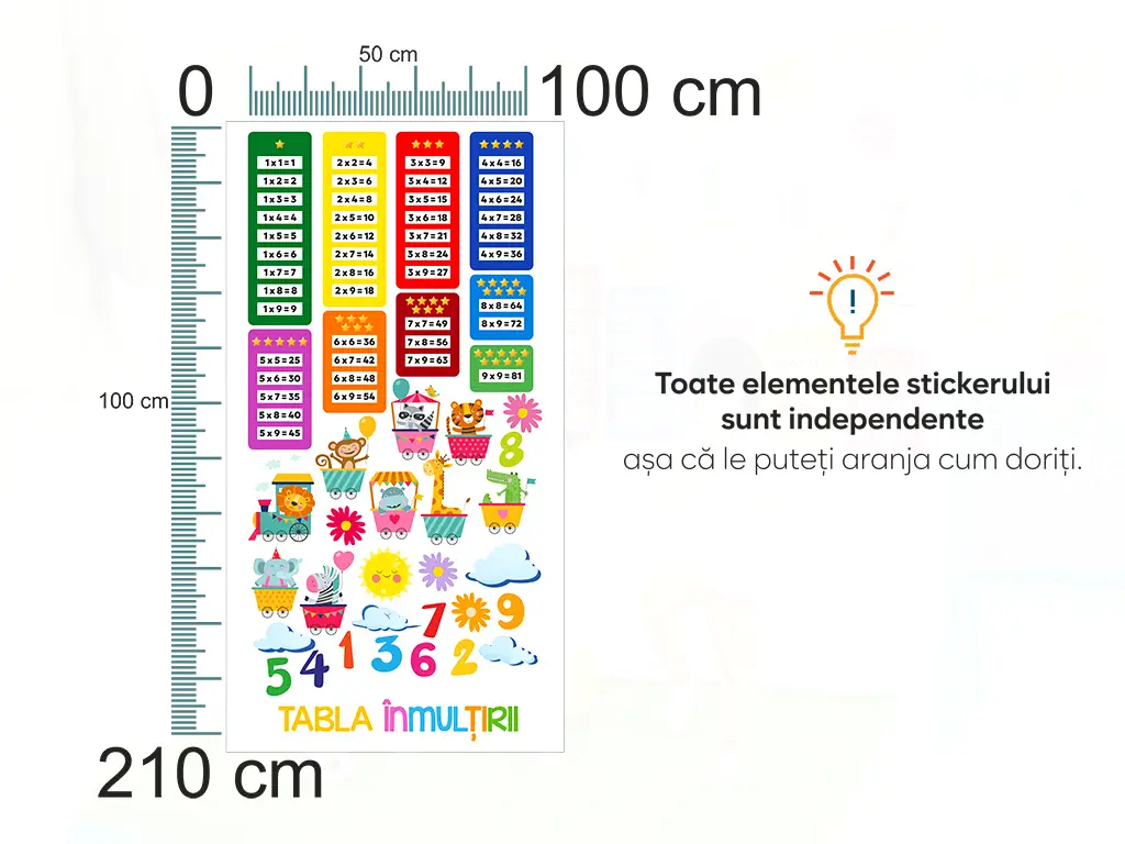 Sticker educativ cu tabla înmulțirii și personaje colorate, decorațiune pentru școli și grădinițe, 100x210 cm, racletă de aplicare inclusă