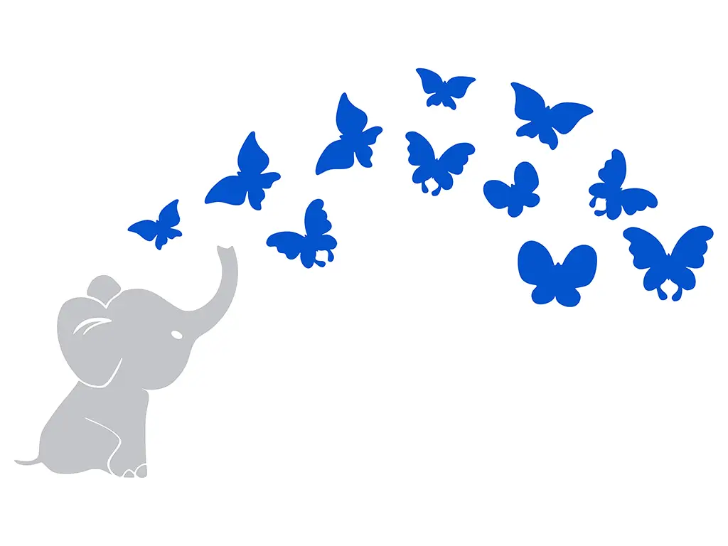 Sticker perete Micul elefant și fluturii, Folina, culoare albastră, set 12 stickere, racletă de aplicare inclusă.