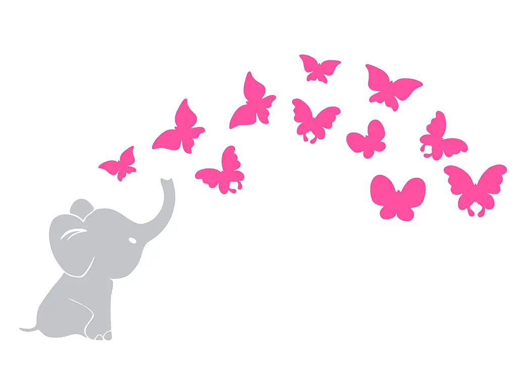 Sticker perete Micul elefant și fluturii, Folina, culoare roz, set 12 stickere, racletă de aplicare inclusă.
