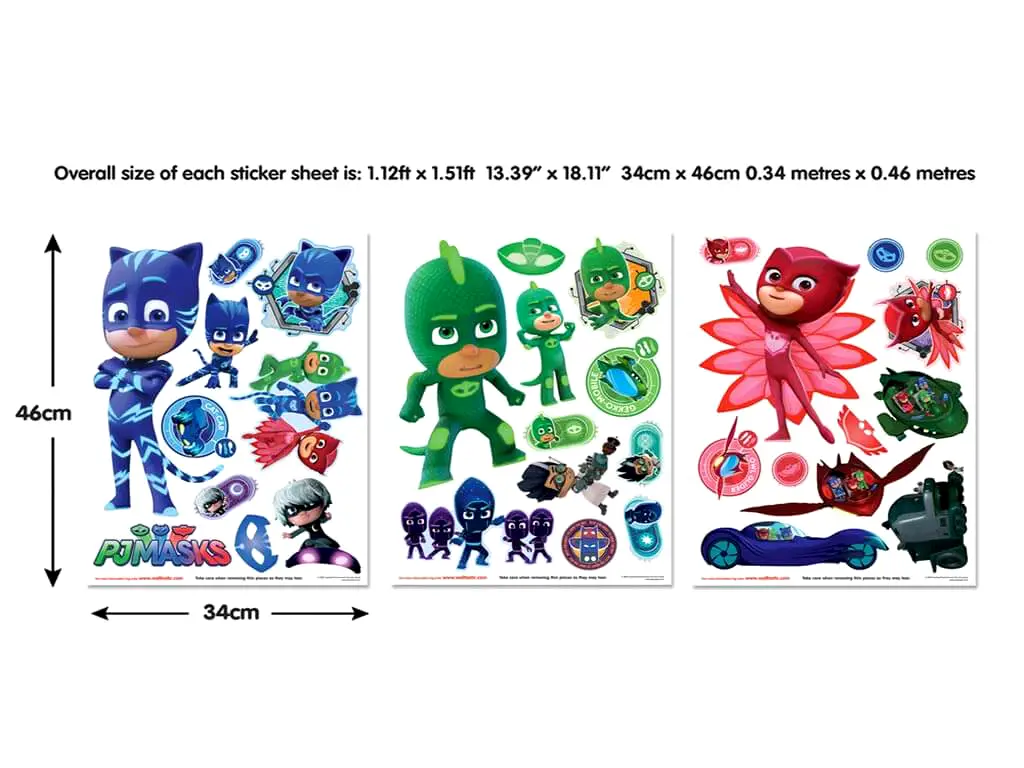 Sticker Eroi în pijama PJ Masks, Walltastic, decorațiune multicoloră, planșă 33 stickere