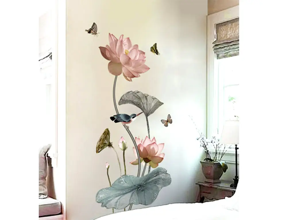 Sticker flori nufăr roz pal, Folina, decor floral cu fluturi şi păsări, 120 cm înălţime