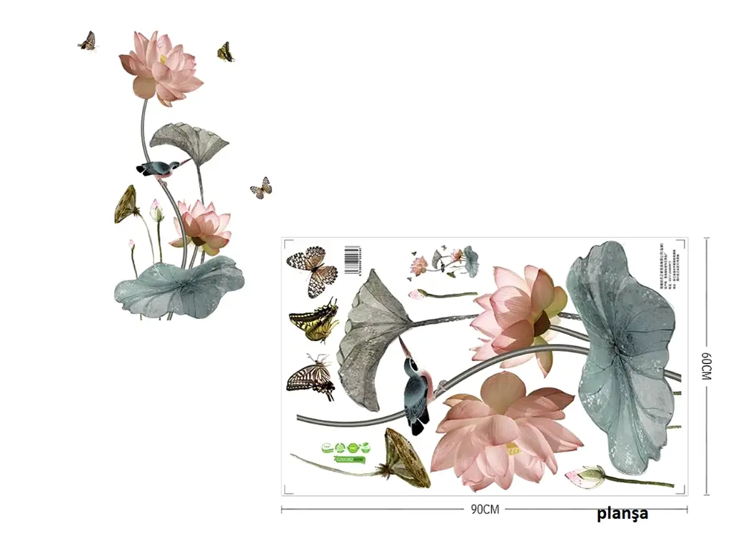 Sticker Floare roz pal, Folina, decor floral cu fluturi şi păsări, 120 cm înălţime