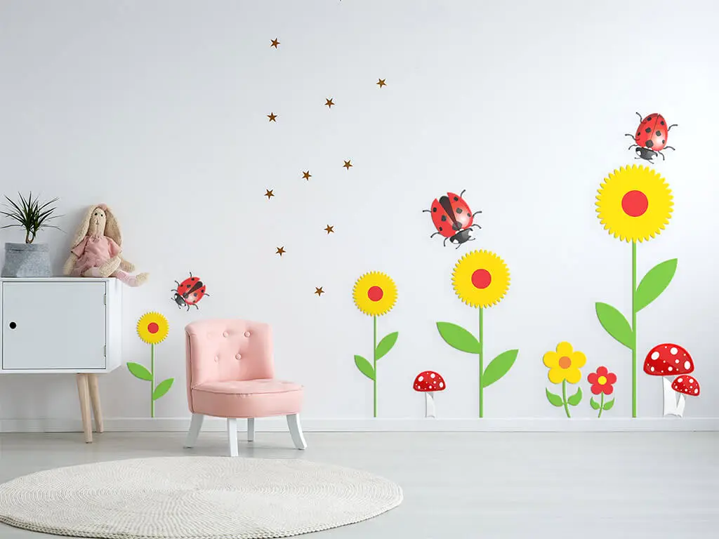 Stickere flori şi buburuze Campo, Folina, decorațiune colorată pentru camera copiilor, racletă de aplicare inclusă