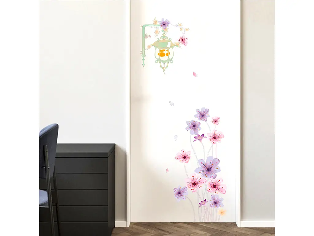 Sticker Decor cu flori roz şi felinar