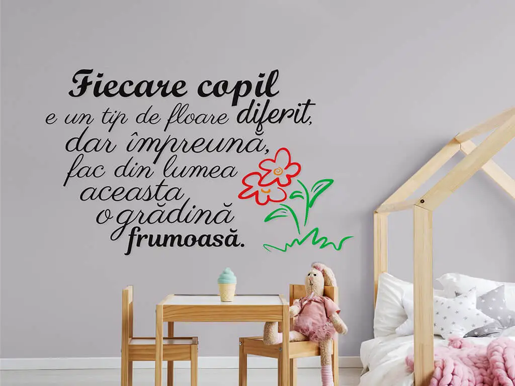 Sticker motivaţional Fiecare copil, Folina, text negru, planșă mare de 65x95 cm, racletă de aplicare inclusă