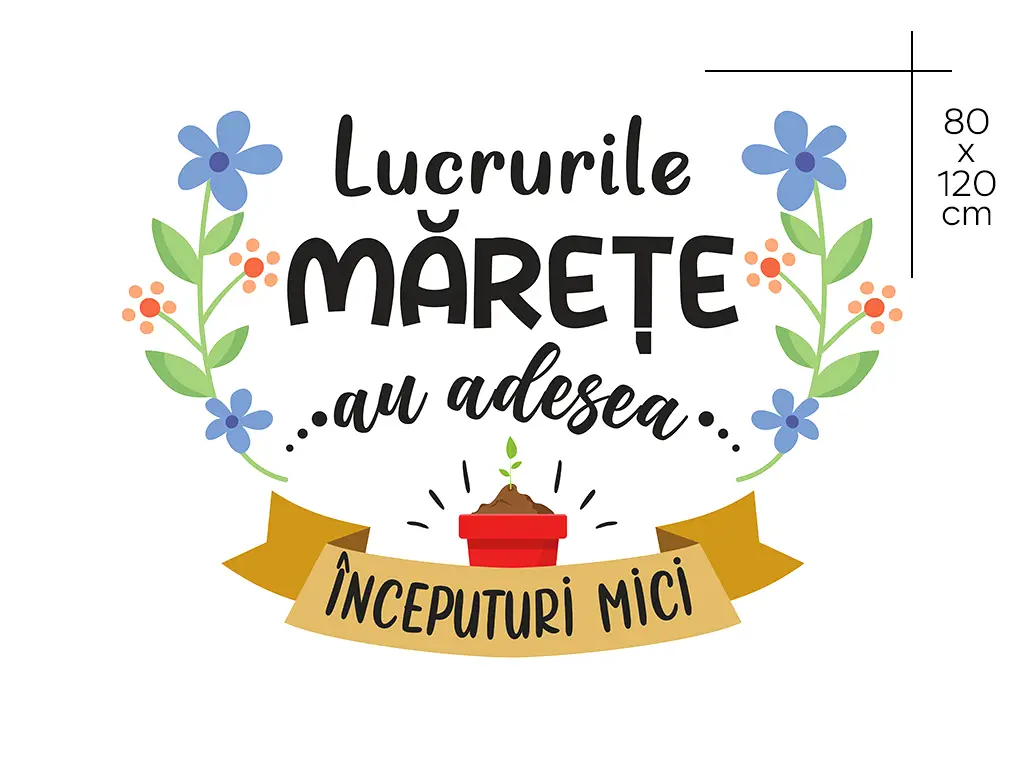 Sticker cu mesaj 'Lucrurile mărețe au adesea începuturi mici', decorațiune pentru școli și gradinițe sau camera copiilor, 80x120 cm, racletă de aplicare inclusă