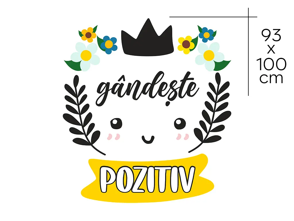 Sticker cu mesaj motivațional 'gândește pozitiv', decorațiune pentru școli și grădinițe sau camera copiilor , 93x100 cm, racletă de aplicare inclusă