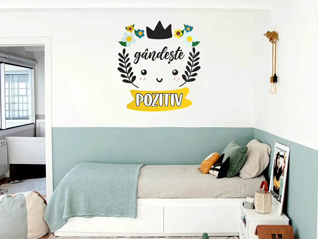 Sticker cu mesaj motivațional 'gândește pozitiv', decorațiune pentru școli și grădinițe sau camera copiilor , 93x100 cm, racletă de aplicare inclusă