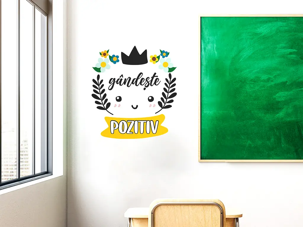 Sticker cu mesaj motivațional 'gândește pozitiv', decorațiune pentru școli și grădinițe sau camera copiilor , 93x100 cm, racletă de aplicare inclusă