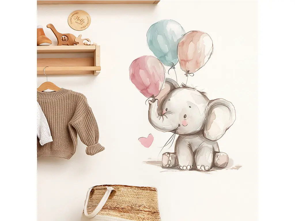 Sticker cameră bebe, Micul elefant cu baloane, decor perete şi mobilă, 60x40 cm