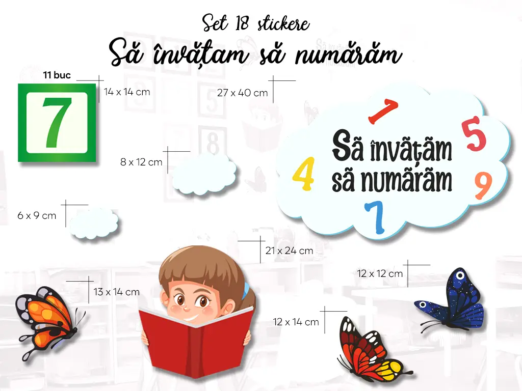 Sticker educativ Invățăm să numărăm, numere în pătrate, decorațiune pentru școli și grădinițe, planșă de100x65 cm, racletă inclusă