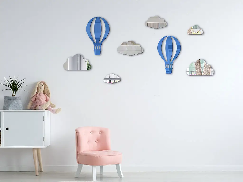 Stickere oglindă Baloane albastre printre nori, Folina, decoraţiune cameră copii, set sticker 8 bucăți