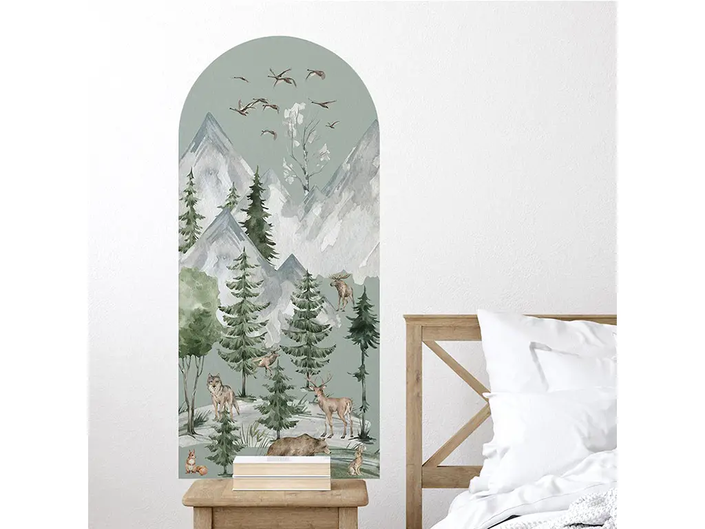 Sticker decorativ peisaj cu animalele pădurii, pentru perete sau uşă, 55x120 cm