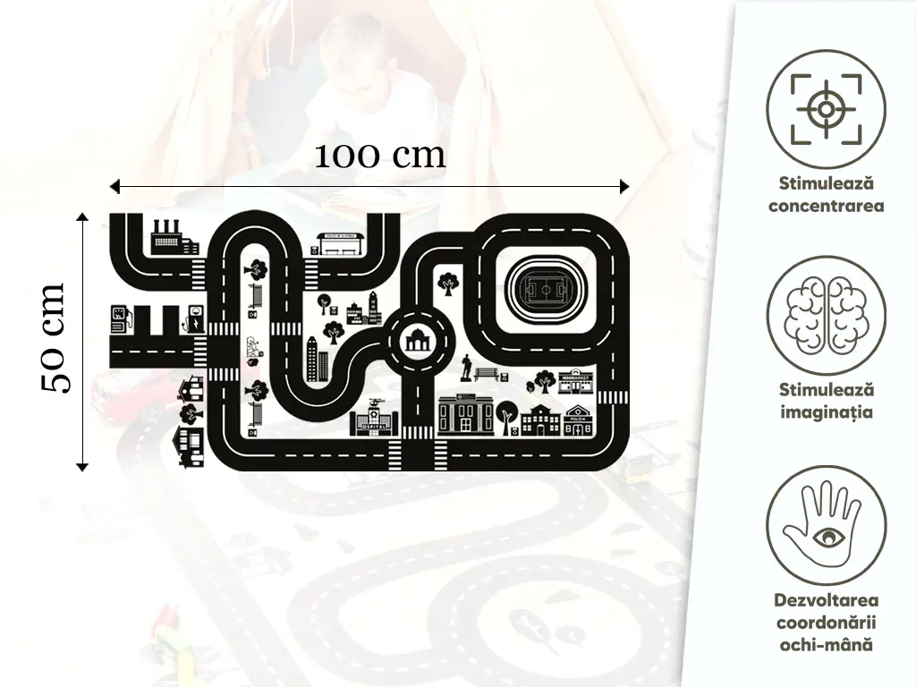 Sticker pentru podea sub formă de joc cu hartă rutieră trafic urban, Folina, 100x50 cm, racletă de aplicare inclusă