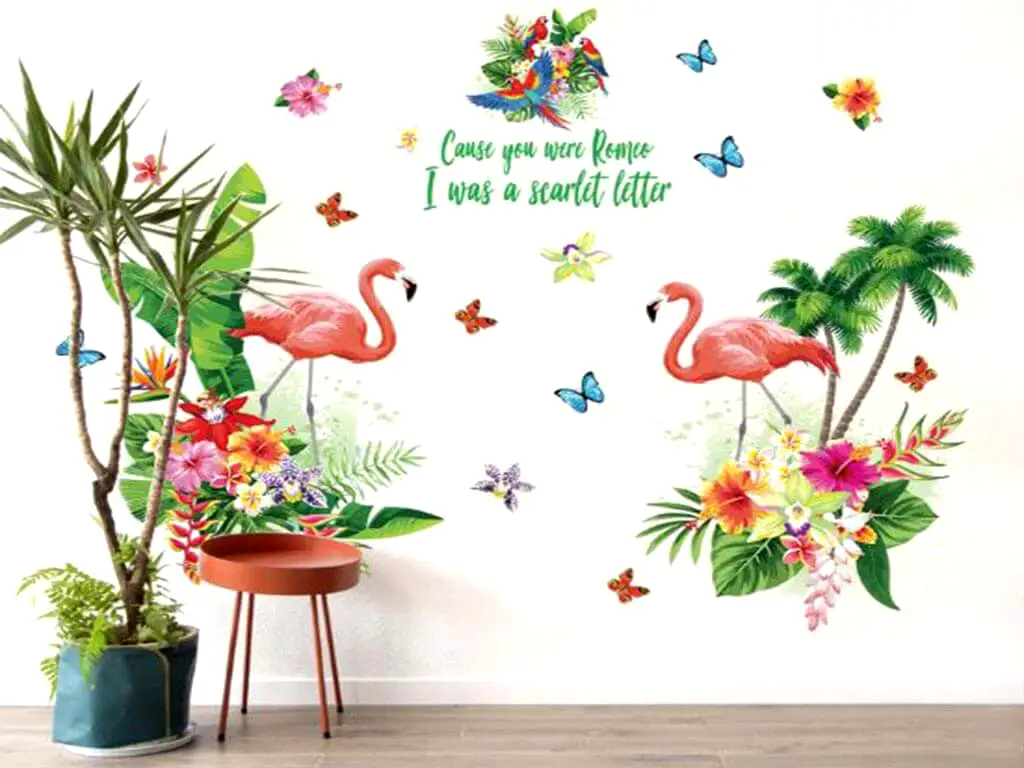 Sticker perete Decor Tropical, palmieri şi păsări flamingo