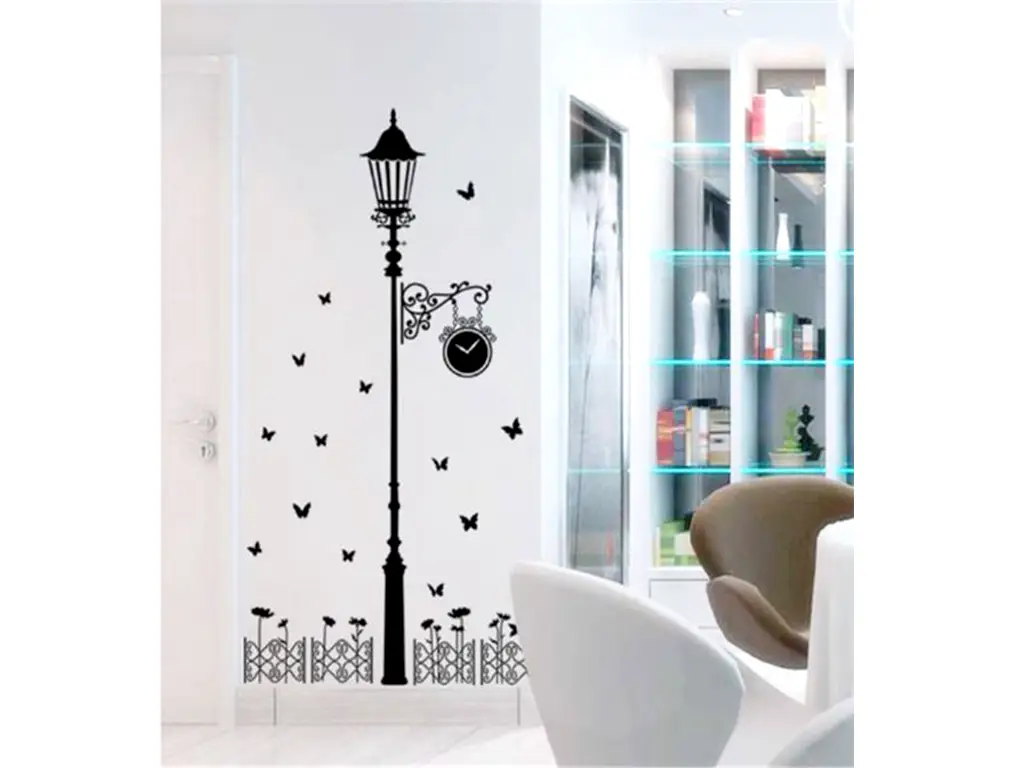 Sticker perete Felinar cu ceas, Folina, decor negru, 185x110 cm