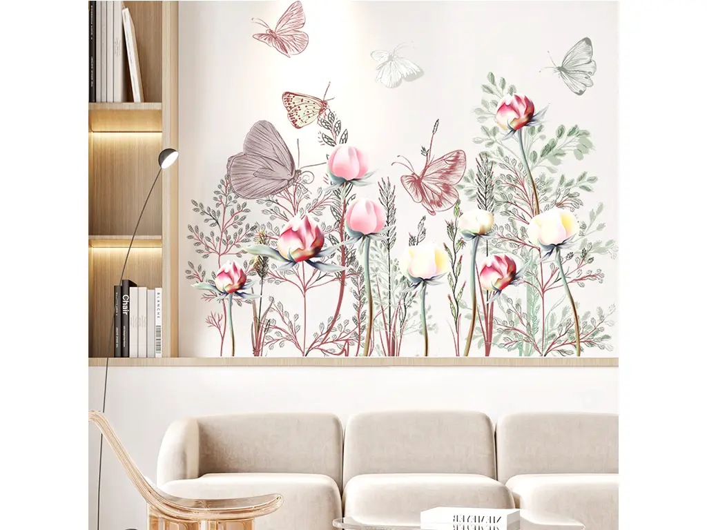 Sticker tip bordură decorativă cu flori de câmp şi fluturi, pentru perete sau geam, 70x85 cm