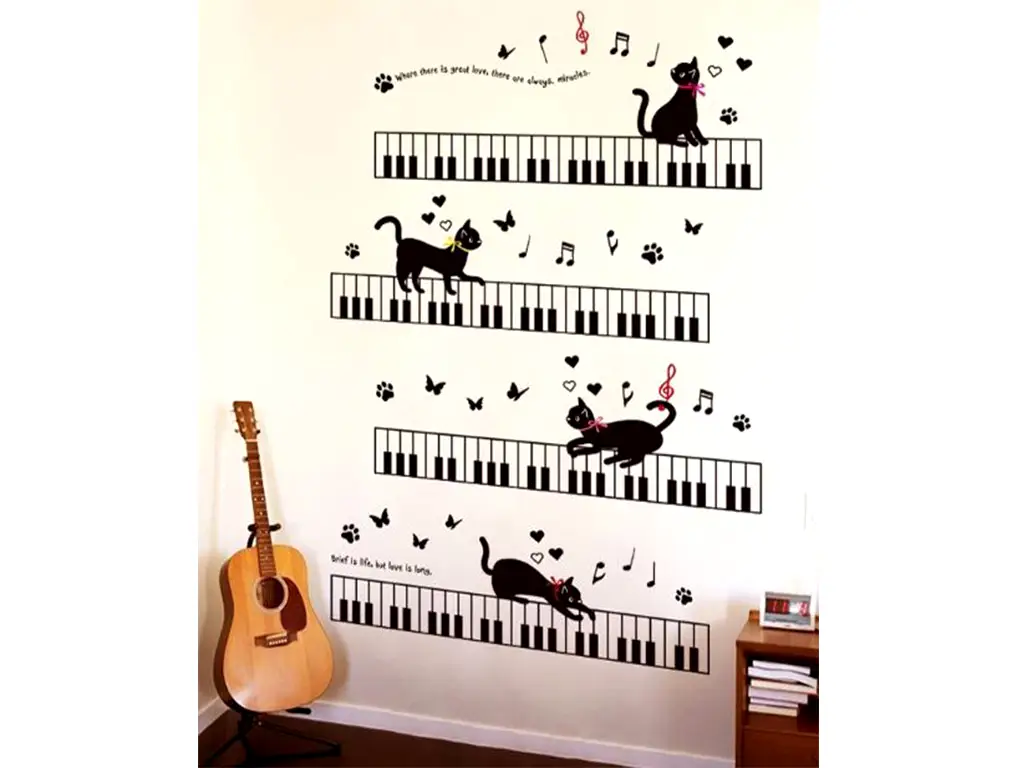 Sticker perete Muzica, Folina, model cu clape pian şi pisici