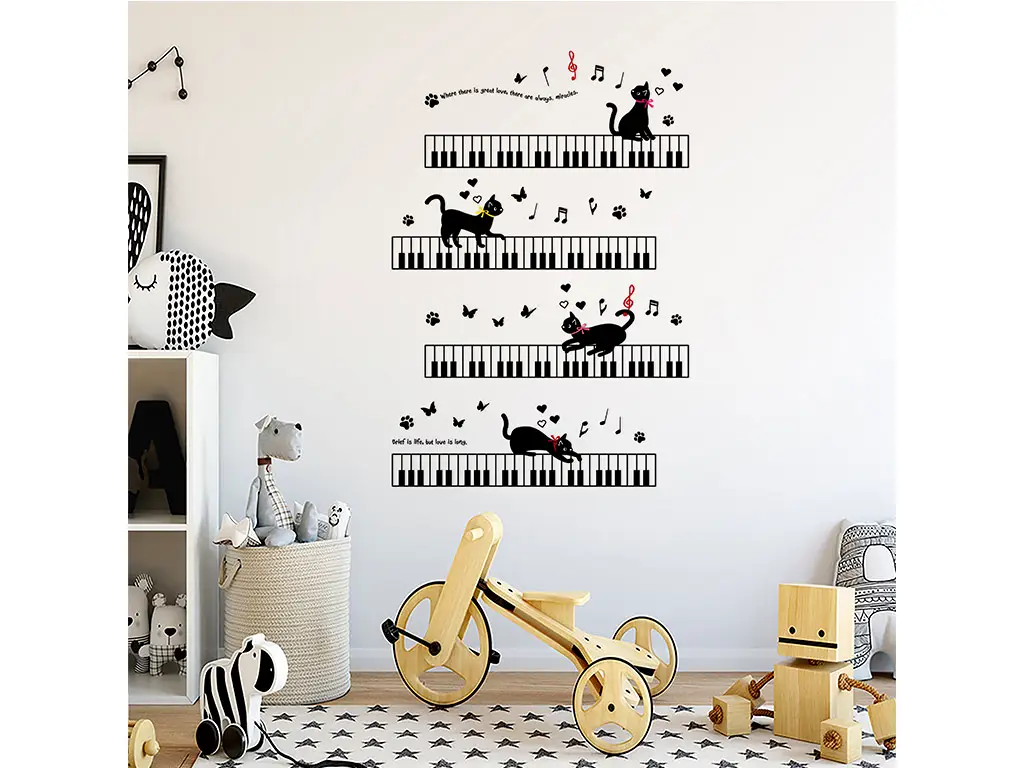 Sticker perete Muzica, Folina, model cu clape pian şi pisici, planşă de 90x60 cm