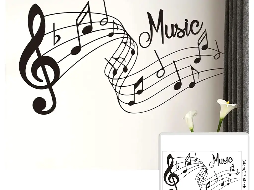 Sticker perete Portativ cu note muzicale, Folina, autoadeziv, negru