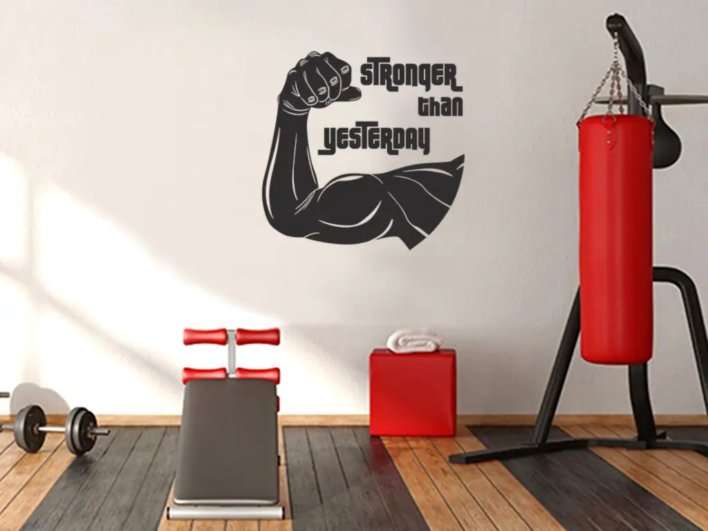 Sticker motivational fitness, model Stronger, negru, 90 x 90 cm, racletă de aplicare inclusă