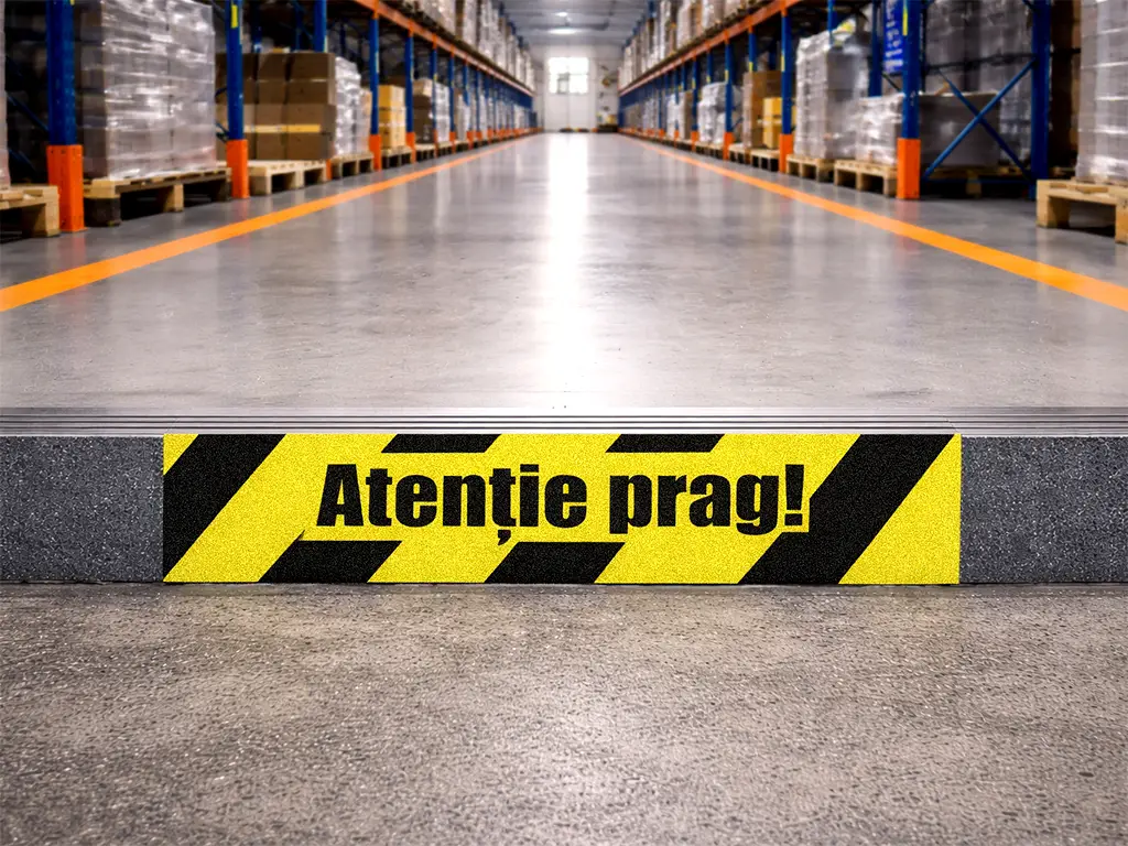 Sticker antiderapant podea „Atenție la prag” 100×30 cm – autocolant avertizare și marcaj podea