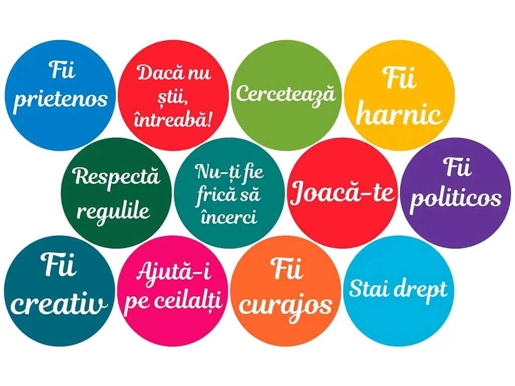 Sticker Regulile clasei, Folina, multicolor, set 12 buline mari cu mesaje, planșă mare de 100x125 cm , racletă de aplicare inclusă