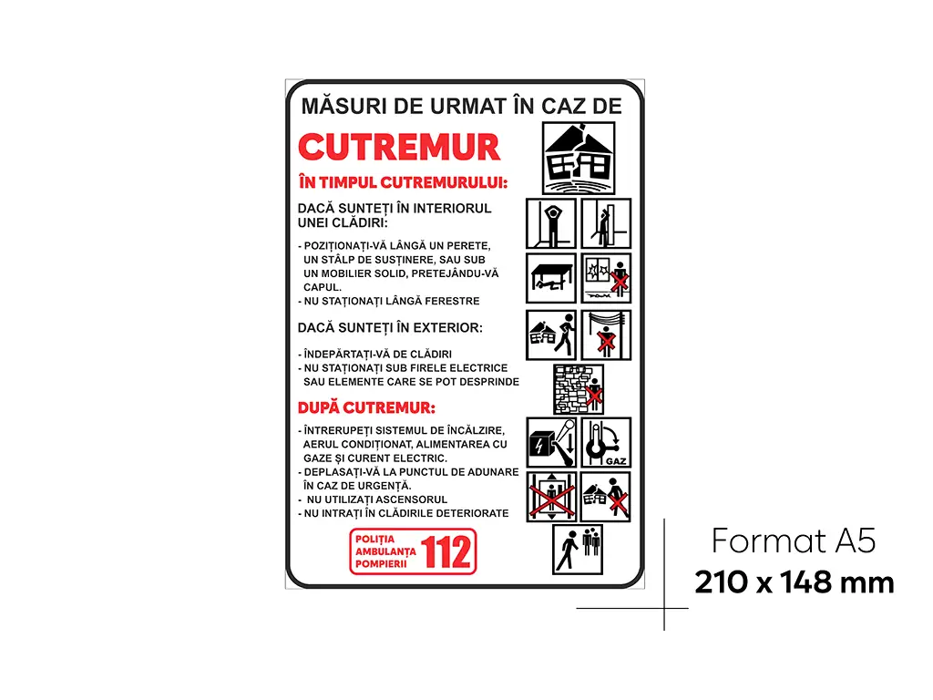 Sticker cu 'Măsuri de urmat în caz de cutremur', autocolant, format A5 - 210 x 148 mm