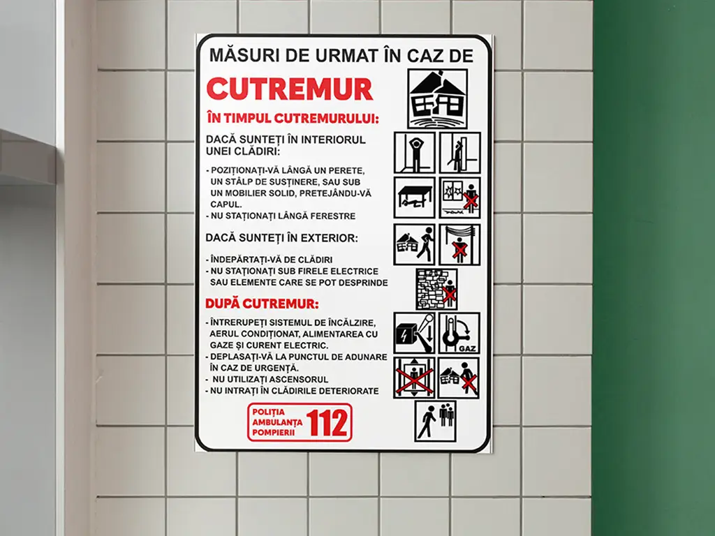 Sticker cu 'Măsuri de urmat în caz de cutremur', autocolant, format A5 - 210 x 148 mm