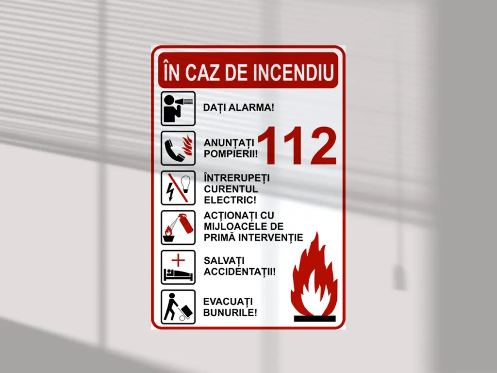 Sticker cu 'Măsuri de urmat în caz de incendiu', autocolant, 216 x 148 mm