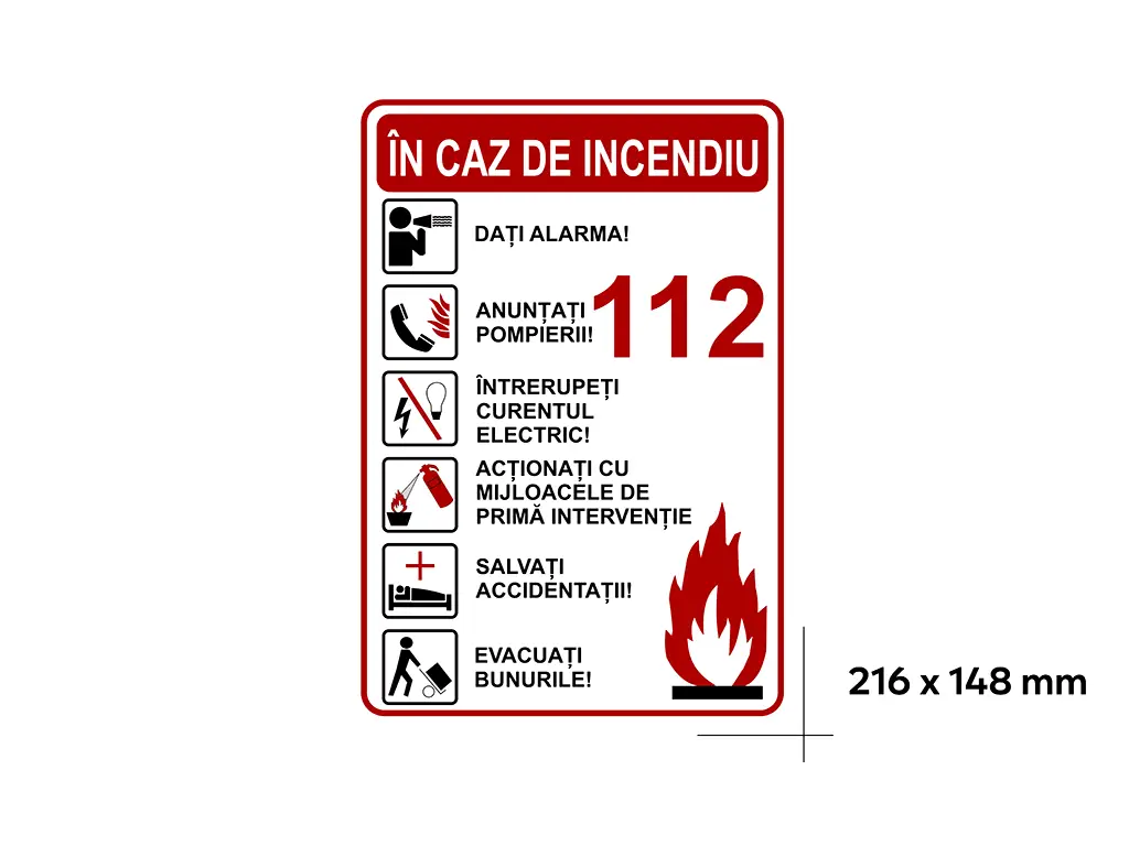 Sticker cu 'Măsuri de urmat în caz de incendiu', autocolant, 216 x 148 mm