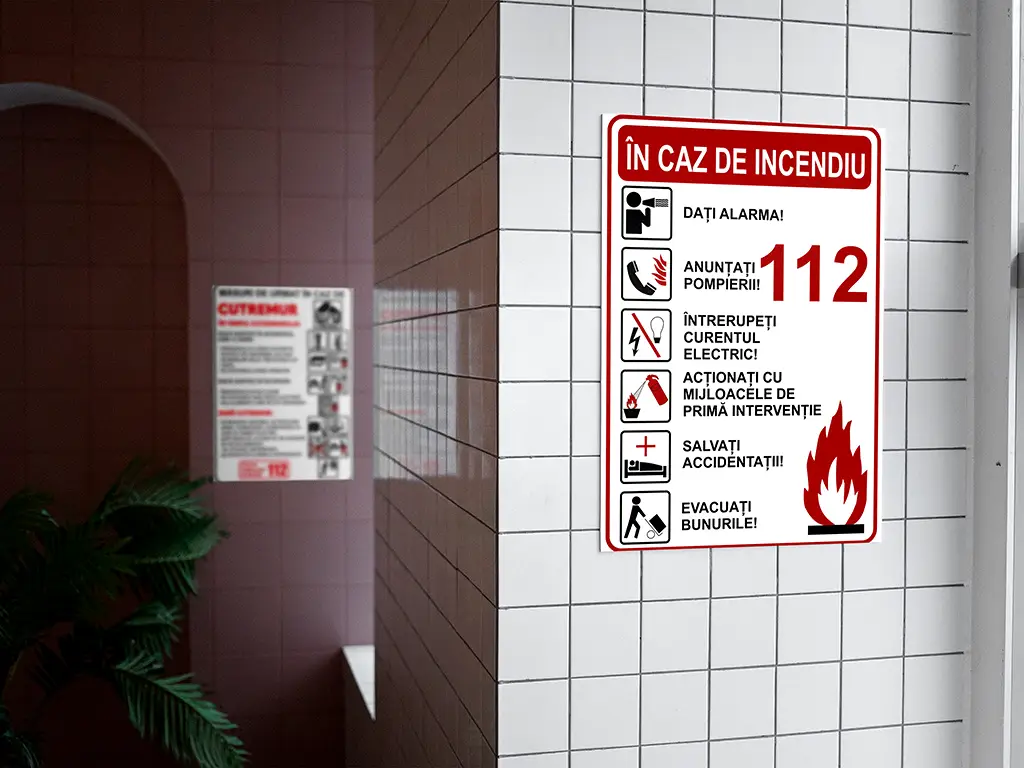 Sticker cu 'Măsuri de urmat în caz de incendiu', autocolant, 216 x 148 mm