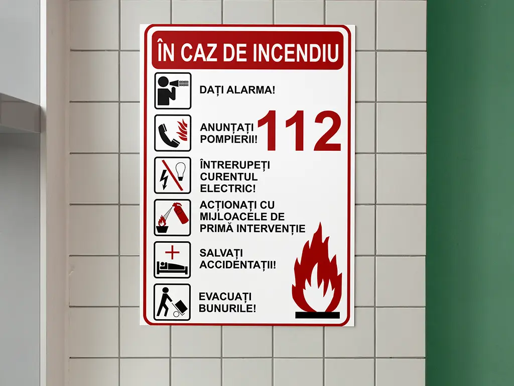 Sticker cu 'Măsuri de urmat în caz de incendiu', autocolant, 216 x 148 mm
