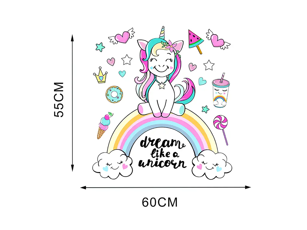 Sticker cameră fetiţă, Dream like a Unicorn, multicolor, 50 cm