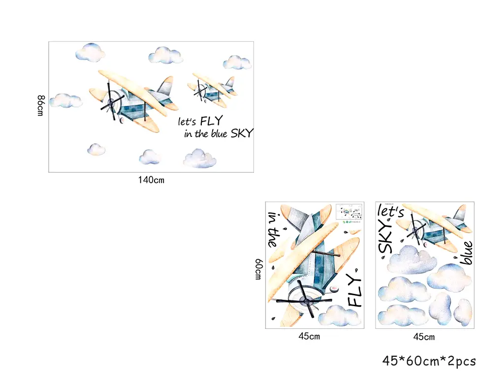 Stickere copii Avioane printre nori, pentru cameră băiat, racletă de aplicare inclusă.